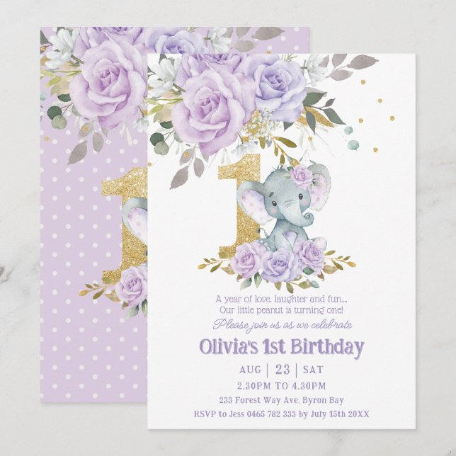 Invitation Purple Lilac Floral Cute Elephant Un 1er Anniversa (Devant / Derrière)
