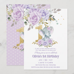 Invitation Purple Lilac Floral Cute Elephant Un 1er Anniversa