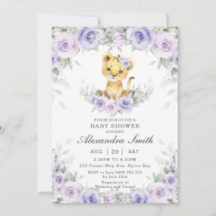 Invitation Purple Lilac Floral Cute Lion Cub Baby shower fill