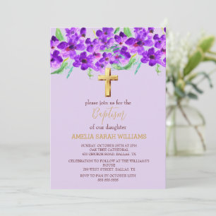 Invitation Purple Lilac Floral Gold Cross Girl Baptême