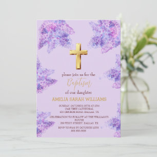 Invitation Purple Lilac Floral Gold Cross Girl Baptême
