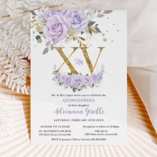 Invitation Purple Lilac Floral Gold XV Quinceañera Quince 15