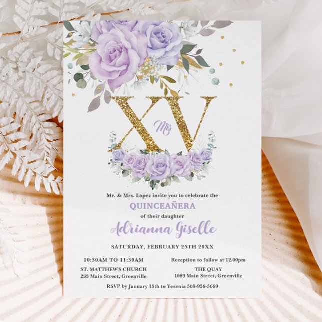 Invitation Purple Lilac Floral Gold XV Quinceañera Quince 15 (Créateur téléchargé)