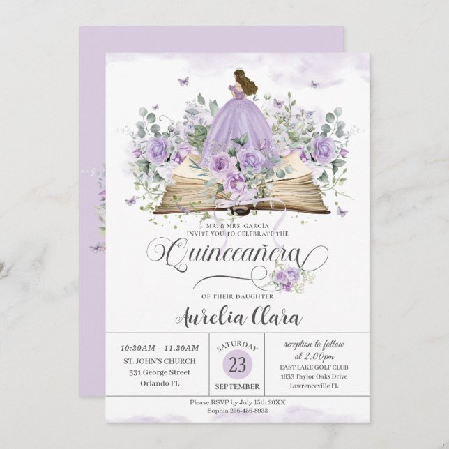 Invitation Purple Lilac Floral Livre Nouveau Chapitre Quincea (Devant / Derrière)