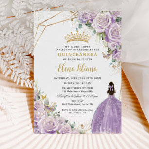 Invitation Purple Lilac Floral Princess Gold Quinceañera XV