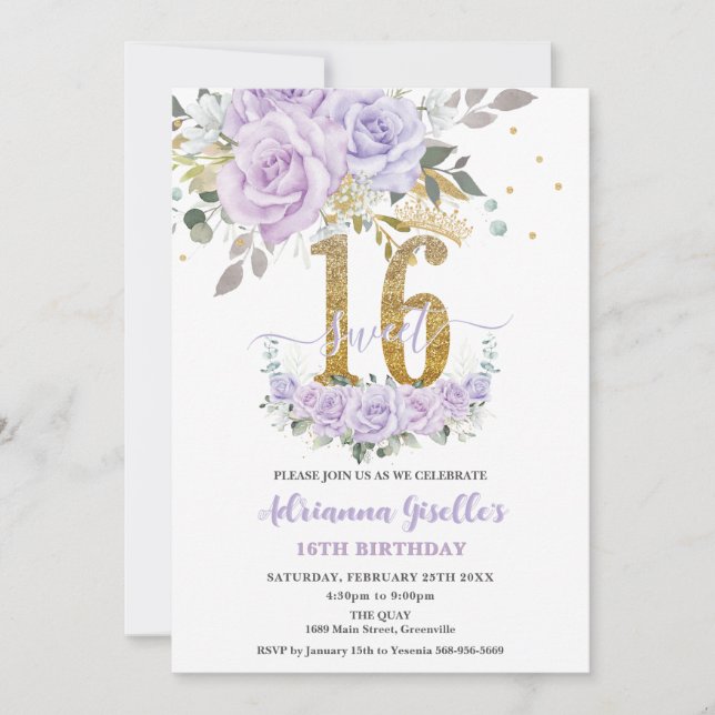 Invitation Purple Lilac Floral Sweet Sixteen 16th Birthday (Devant)