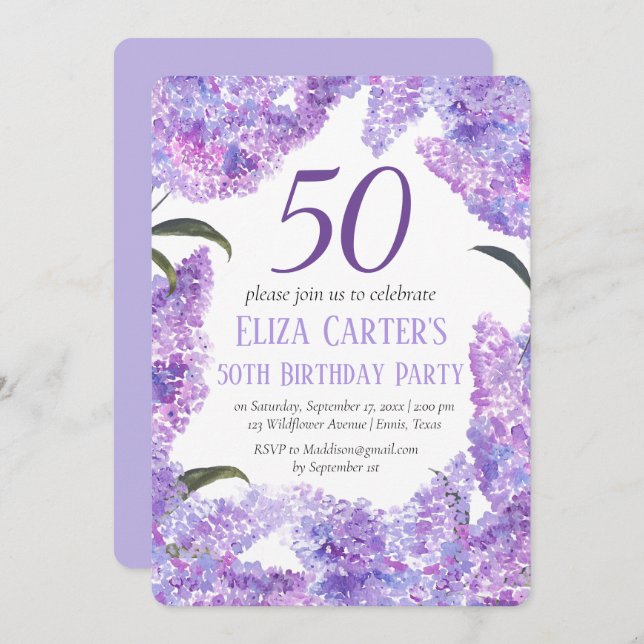 Invitation Purple Lilac Flowers 50e anniversaire Fleur sauvag (Devant / Derrière)