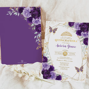 Invitation Purple Lilac Quinceañera Gold Tiara Géométrique