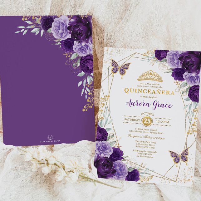 Invitation Purple Lilac Quinceañera Gold Tiara Géométrique (Créateur téléchargé)