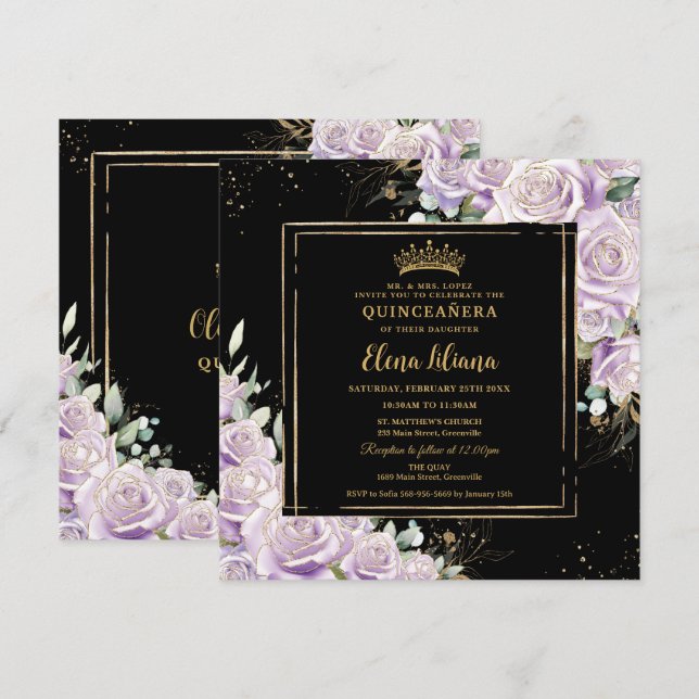 Invitation Purple Lilac Rose Floral Gold Quinceanera Sweet 16 (Devant / Derrière)