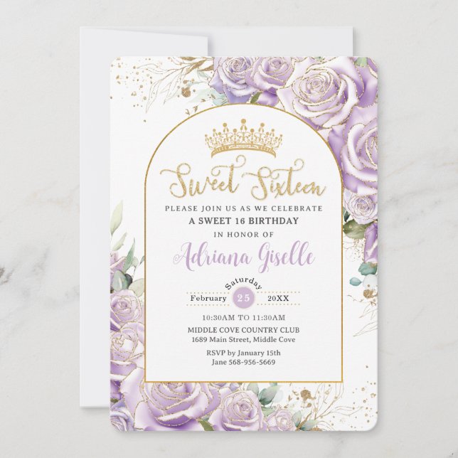 Invitation Purple Lilac Rose Floral Gold Sweet 16 Anniversair (Devant)