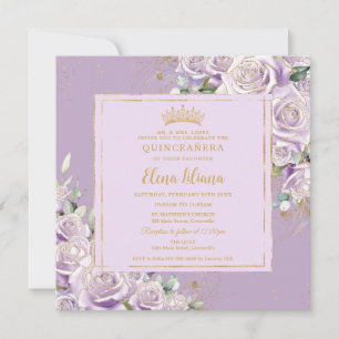 Invitation Purple Lilac Rose Floral Quinceanera Sweet 16 Or