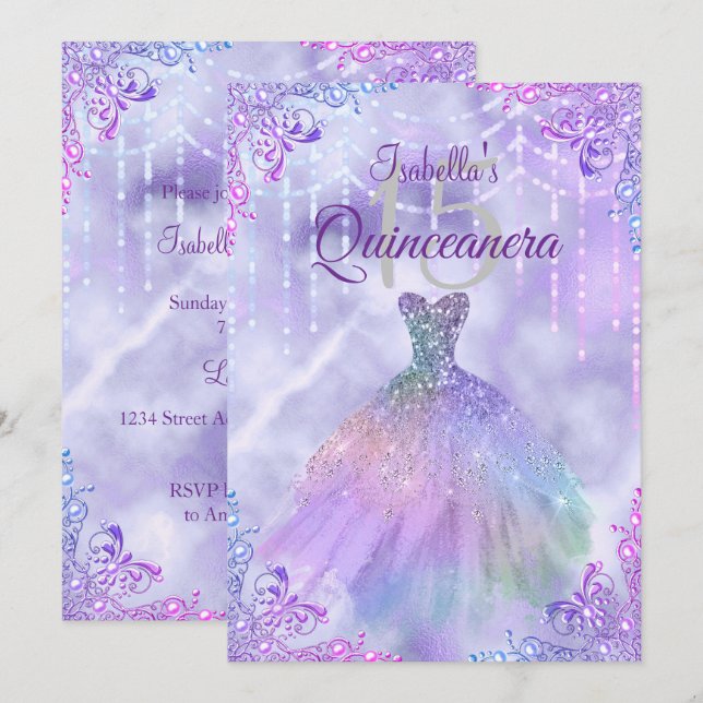Invitation Purple Lilac Silver Pearl Gown Quinceanera Parti (Devant / Derrière)
