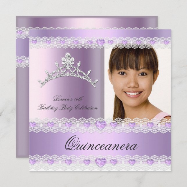 Invitation Purple Lilac Tiara Quinceanera 15 Anniversaire (Devant / Derrière)
