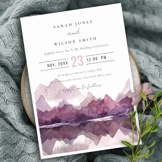 Invitation Purple Lilac Watercolor Mariage du lac Mountain (Créateur téléchargé)