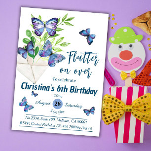 Invitation Purple lilas & papillon bleu thème 6e anniversaire