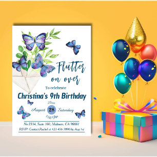 Invitation Purple lilas & papillon bleu thème 9e anniversaire