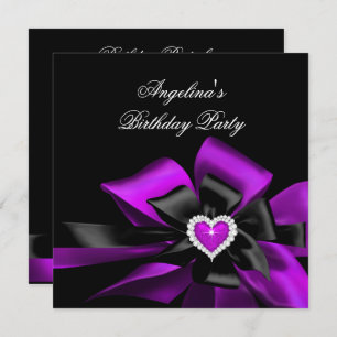 Invitation Purple Magenta Coeur Noir Bow fête d'anniversaire