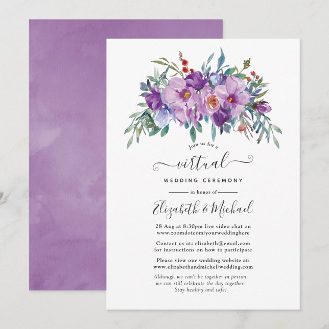 Invitation Purple Magnolias et Roses en ligne Mariage virtuel (Devant / Derrière)