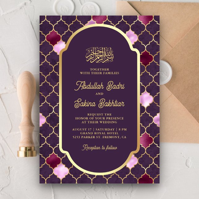 Invitation Purple Marocain Quatrefoil QR Code Mariage musulma (Créateur téléchargé)
