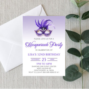 Invitation Purple Masquerade Ball Party Mardi Gras Anniversai