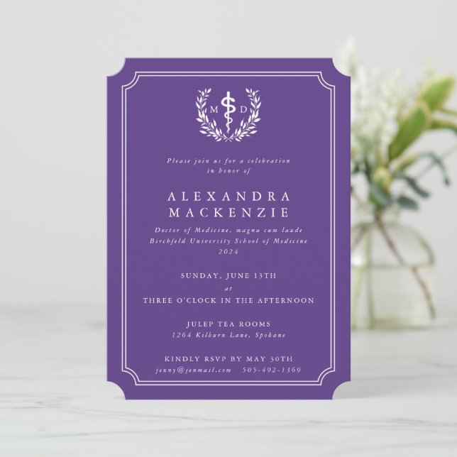 Invitation Purple MD Asclepius + Laurel Wreath Graduation (Debout devant)