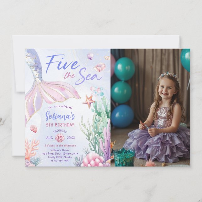 Invitation Purple Mermaid 5th Birthday Five the Sea Photo (Devant)