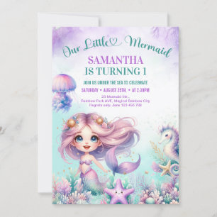 Invitation Purple mignonne sirène 1er anniversaire fille aqua