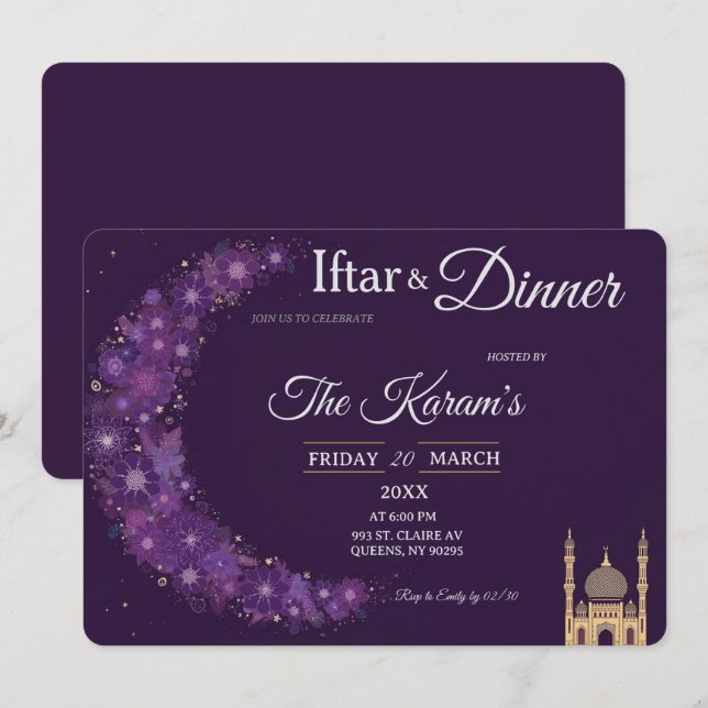 Invitation Purple Minimal Mosque Ramadan Iftar Party  (Devant / Derrière)