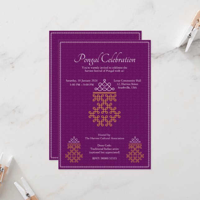 Invitation Purple Minimal Tamil Kolam Pongal (Devant/Arrière en situation)