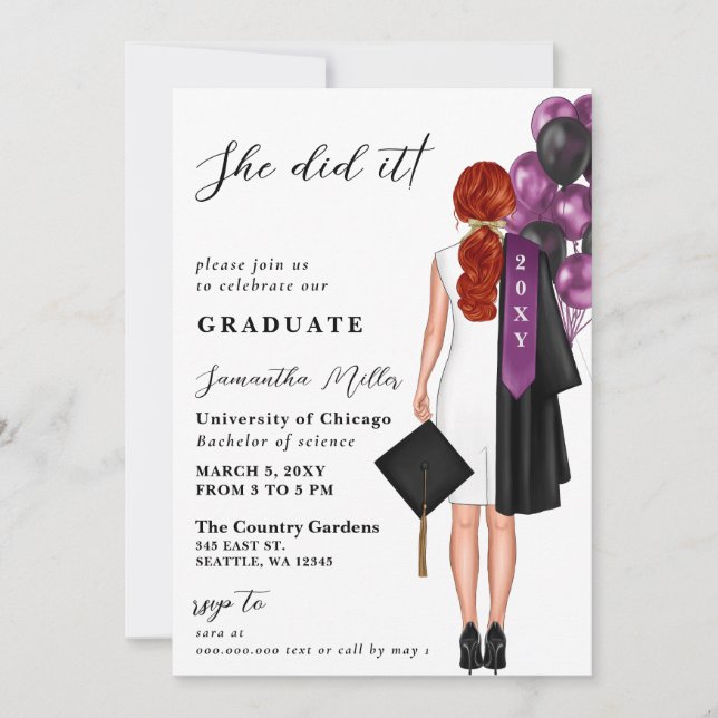 Invitation Purple Minimaliste Photo Elle L'A Fait Graduation (Devant)