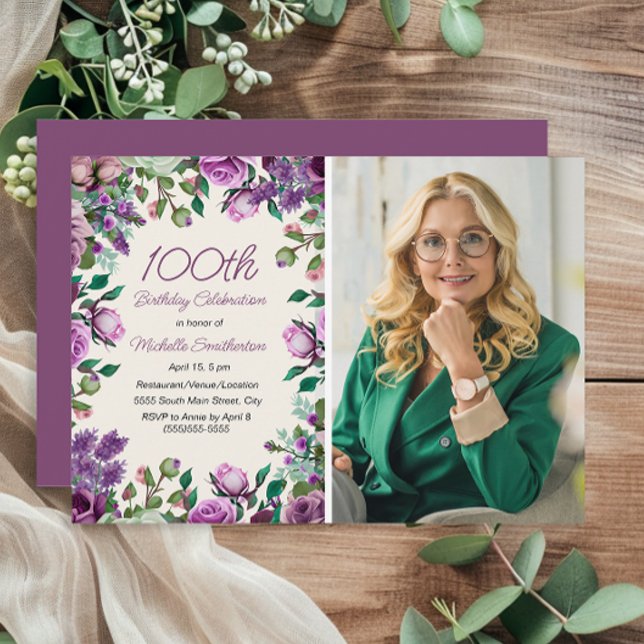 Invitation Purple Mint Green Floral 100e anniversaire Photo (Purple and mint green floral 100th birthday party photo invitation)