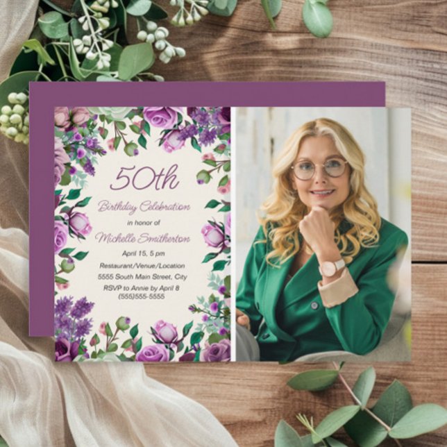 Invitation Purple Mint Green Floral 50e anniversaire Photo (Purple floral 50th birthday party photo invitation)