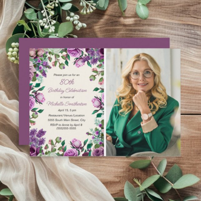 Invitation Purple Mint Green Floral 80e anniversaire Photo (Purple floral and mint green leaves 80th birthday photo invitation)