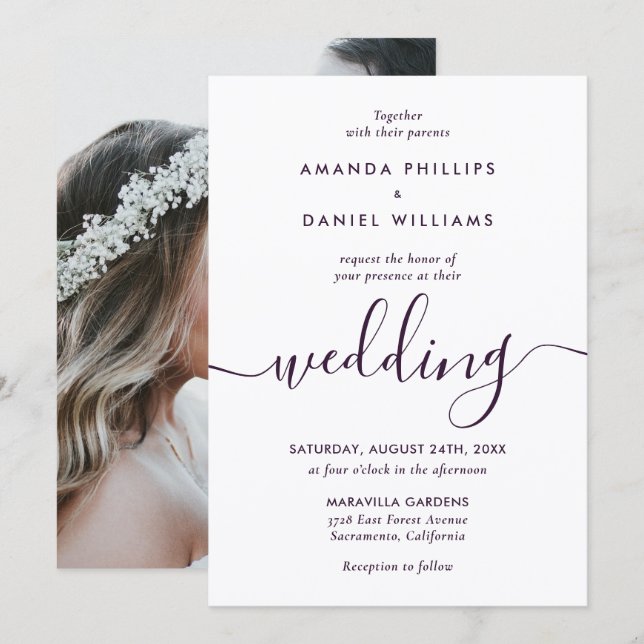 Invitation Purple Modern Script Elegant Photo Wedding (Devant / Derrière)