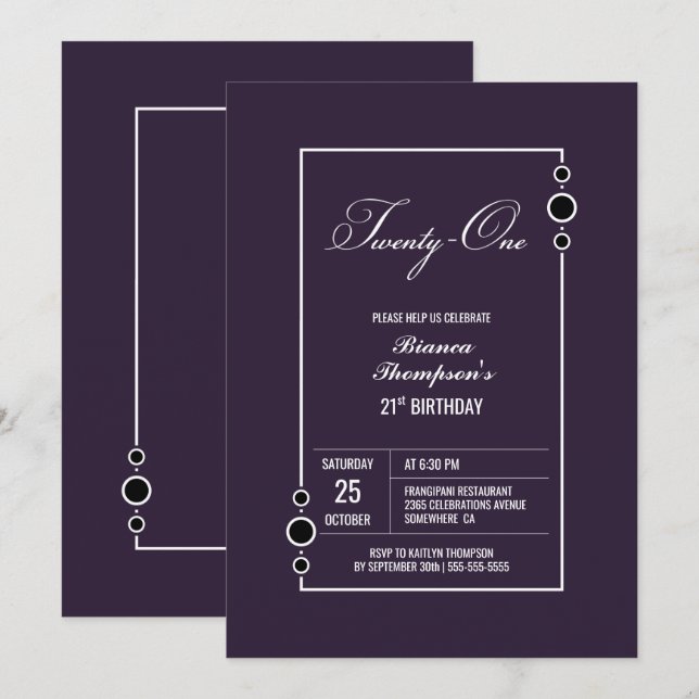 Invitation Purple moderne 21e anniversaire (Devant / Derrière)