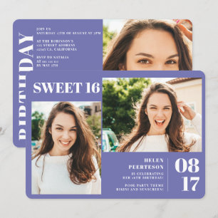 Invitation Purple moderne audacieux 3 photos Sweet 16 anniver