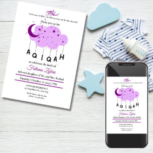 Invitation Purple Moon Cloud Star Baby Girl Muslim Aqiqah