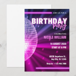 Invitation Purple néon disco soirée anniversaire