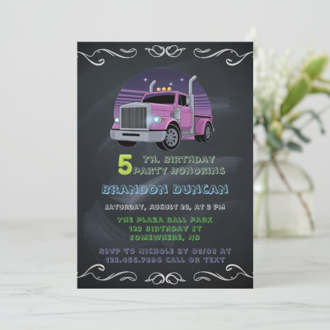 Invitation Purple Neon Trucks 5e anniversaire fête (Debout devant)