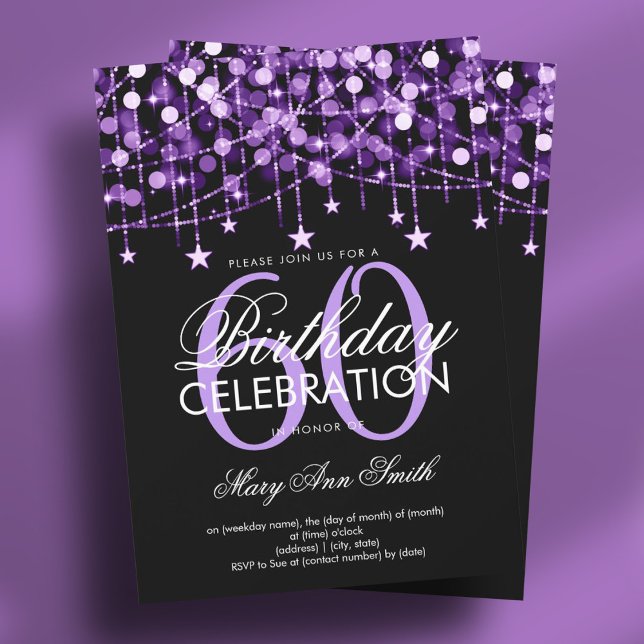 Invitation Purple N'Importe Quel Âge Anniversaire Chaîne Lumi (Purple Any Age Birthday String Lights & Stars Invitation)