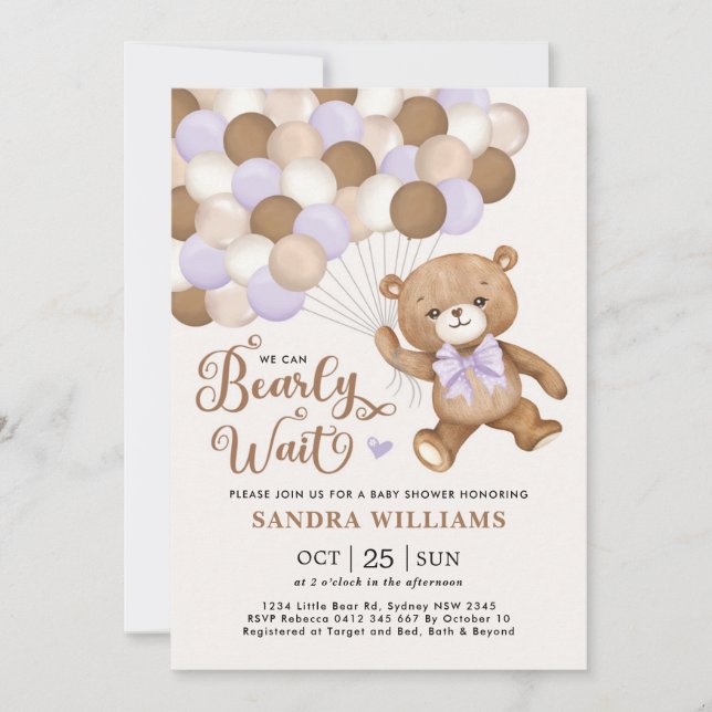Invitation Purple Nous Pouvons Attendre Teddy Bear Baby showe (Devant)