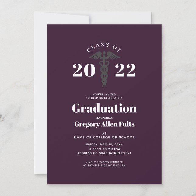 Invitation Purple Nurse Graduation 2022 Caduceus Médicale (Devant)