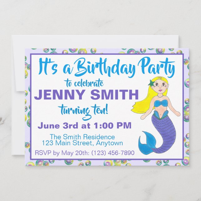 Invitation Purple Ocean Mermaid Bubbles Anniversaire Pool Par (Devant)
