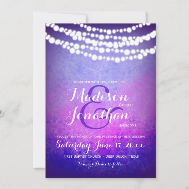 Invitation Purple Ombre Hanging Fairy Twinkle Lights Mariage (Devant)