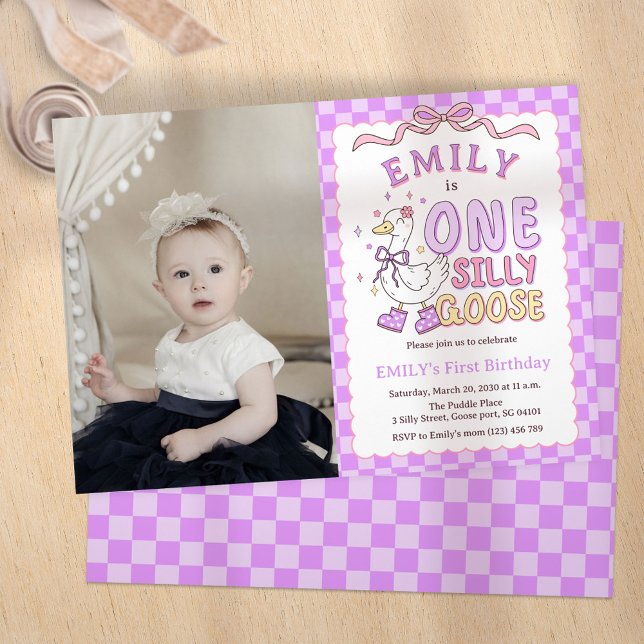 Invitation Purple One Silly Goose - Girl First Birthday Photo (Purple One Silly Goose - Retro Girl First Birthday Photo Invitation.)