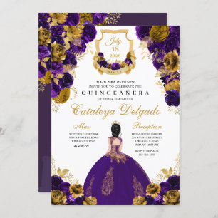Invitation Purple & Or Floral Elegant Quinceañera