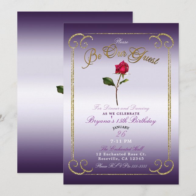 Invitation Purple & Or Rose Rouge Beauté Anniversaire (Devant / Derrière)