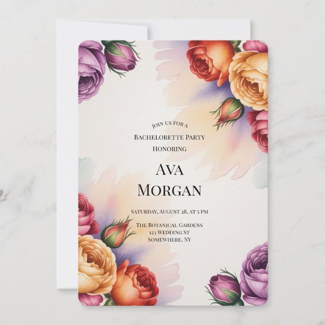 Invitation Purple Orange and Red Roses Bachelorette Party (Devant)