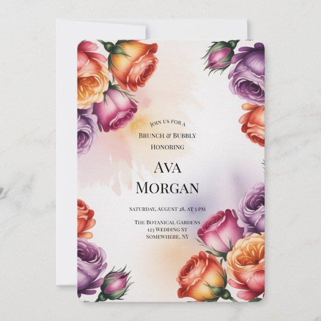 Invitation Purple Orange and Red Roses Brunch & Bubbly (Devant)